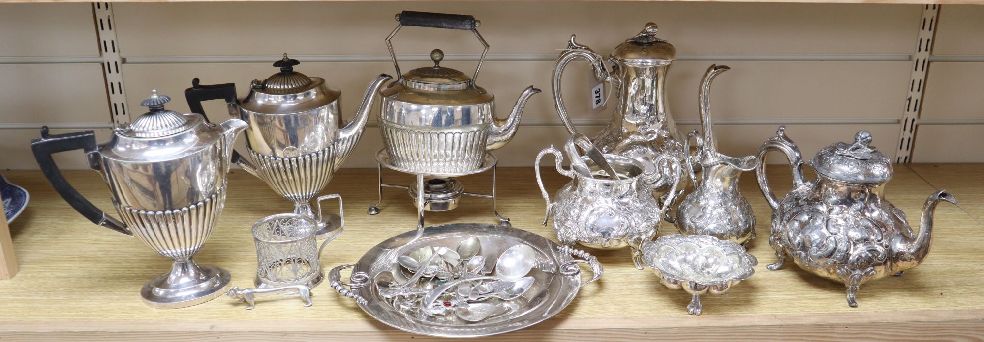 A three-piece plated teaset, sundry plated items and a leather box with plated mounts